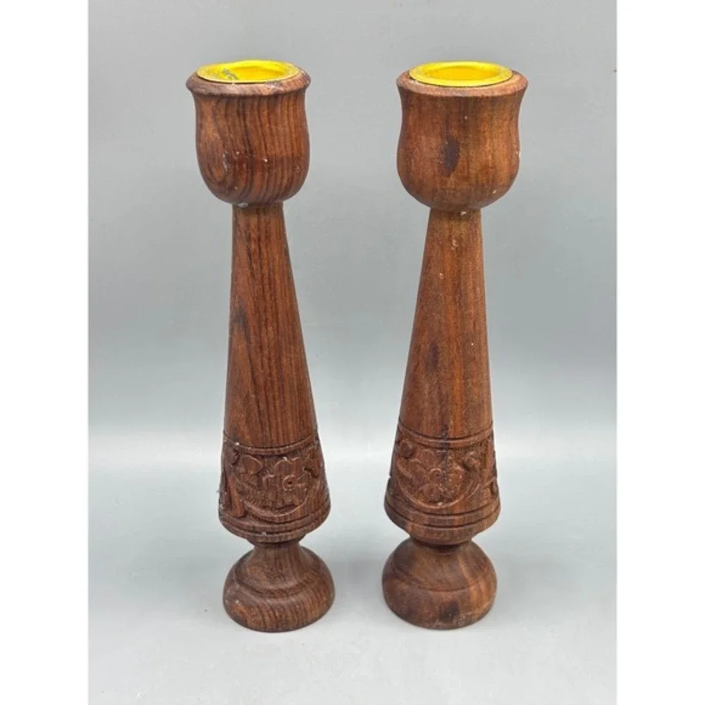 Vintage Carved Wooden Candlesticks Pair Floral Design Taper Boho‎